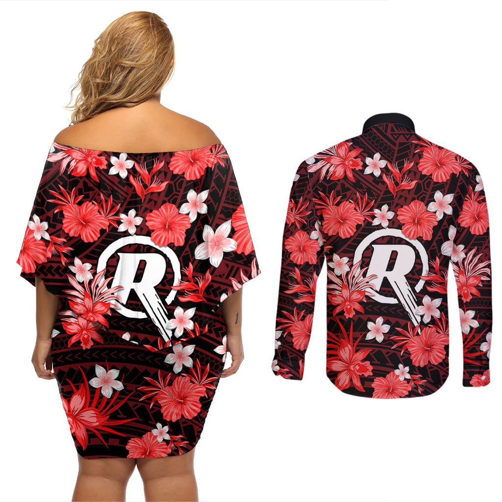 australian-renegades-cricket-couples-matching-off-shoulder-short-dress-and-long-sleeve-button-shirts-baeuty-pacific-hibiscus-and-polynesian-pattern