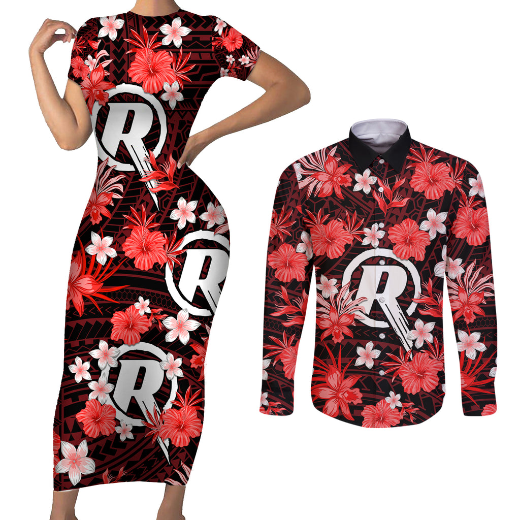 australian-renegades-cricket-couples-matching-short-sleeve-bodycon-dress-and-long-sleeve-button-shirts-baeuty-pacific-hibiscus-and-polynesian-pattern