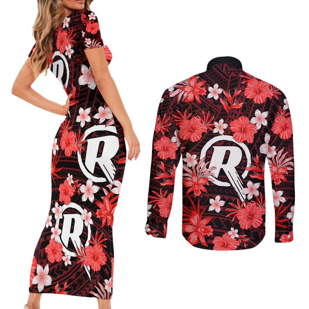 australian-renegades-cricket-couples-matching-short-sleeve-bodycon-dress-and-long-sleeve-button-shirts-baeuty-pacific-hibiscus-and-polynesian-pattern
