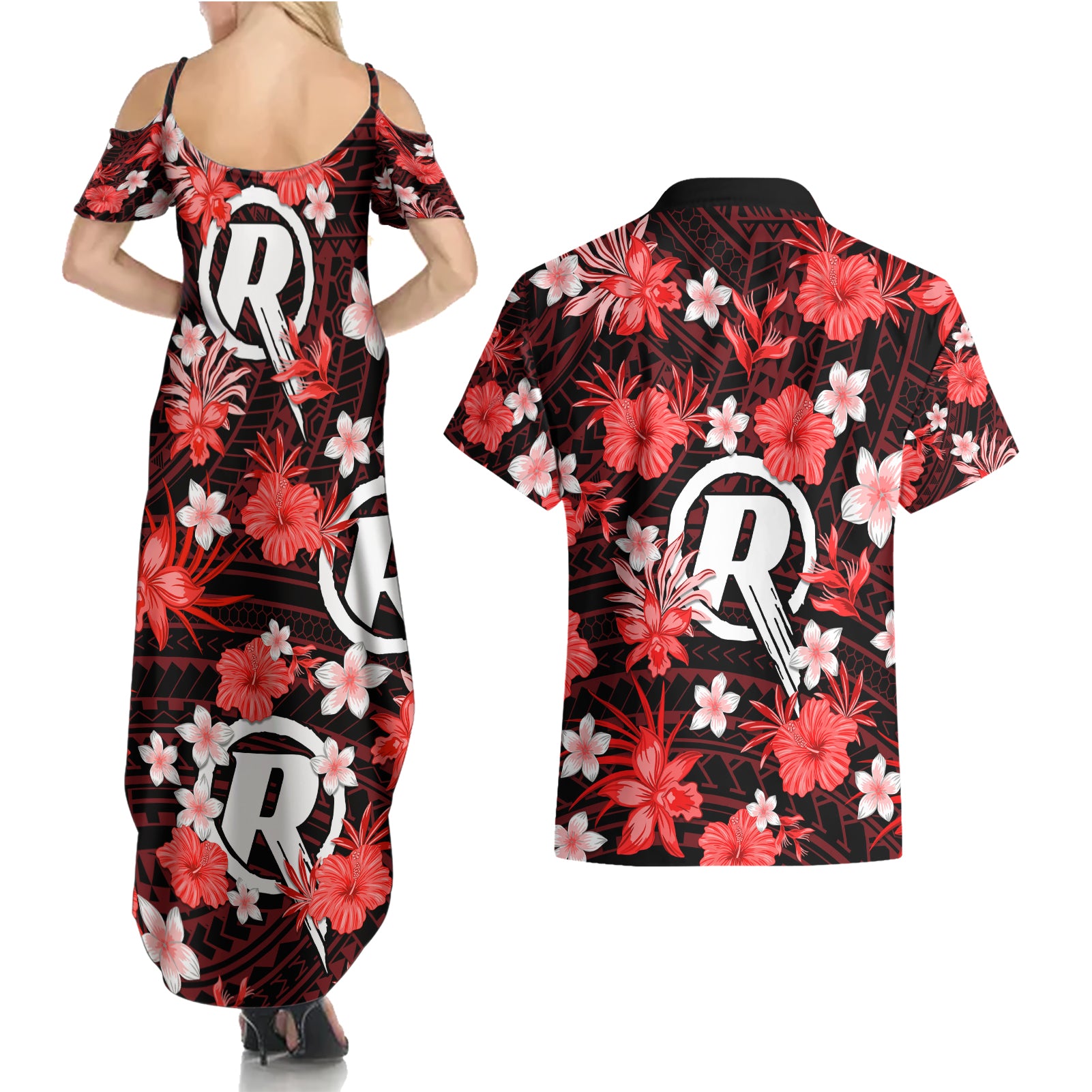 australian-renegades-cricket-couples-matching-summer-maxi-dress-and-hawaiian-shirt-baeuty-pacific-hibiscus-and-polynesian-pattern