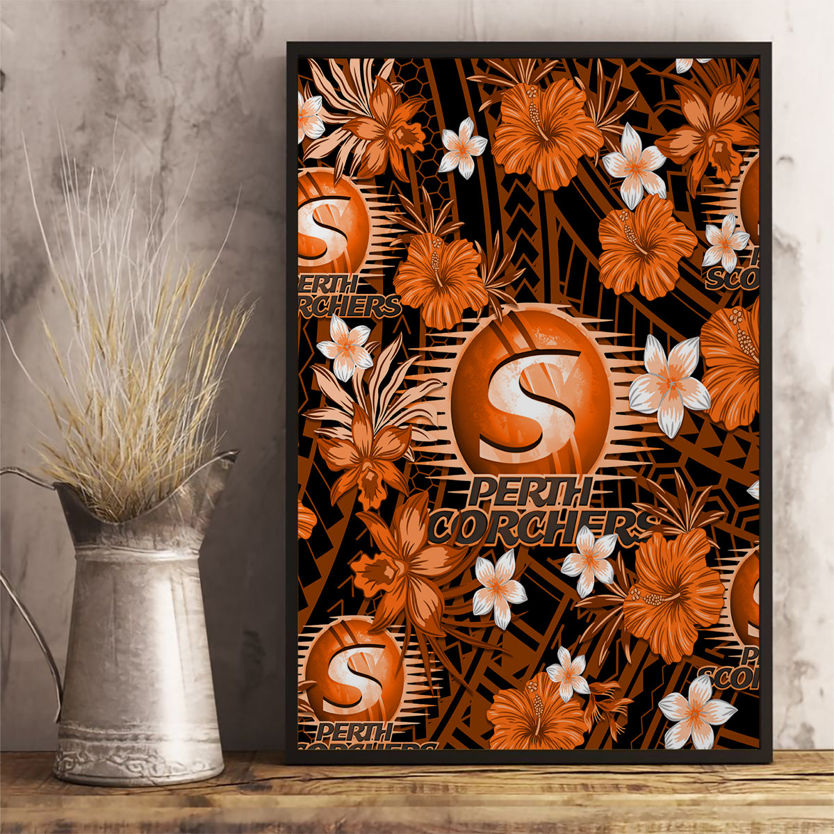 australian-scorchers-cricket-canvas-wall-art-baeuty-pacific-hibiscus-and-polynesian-pattern