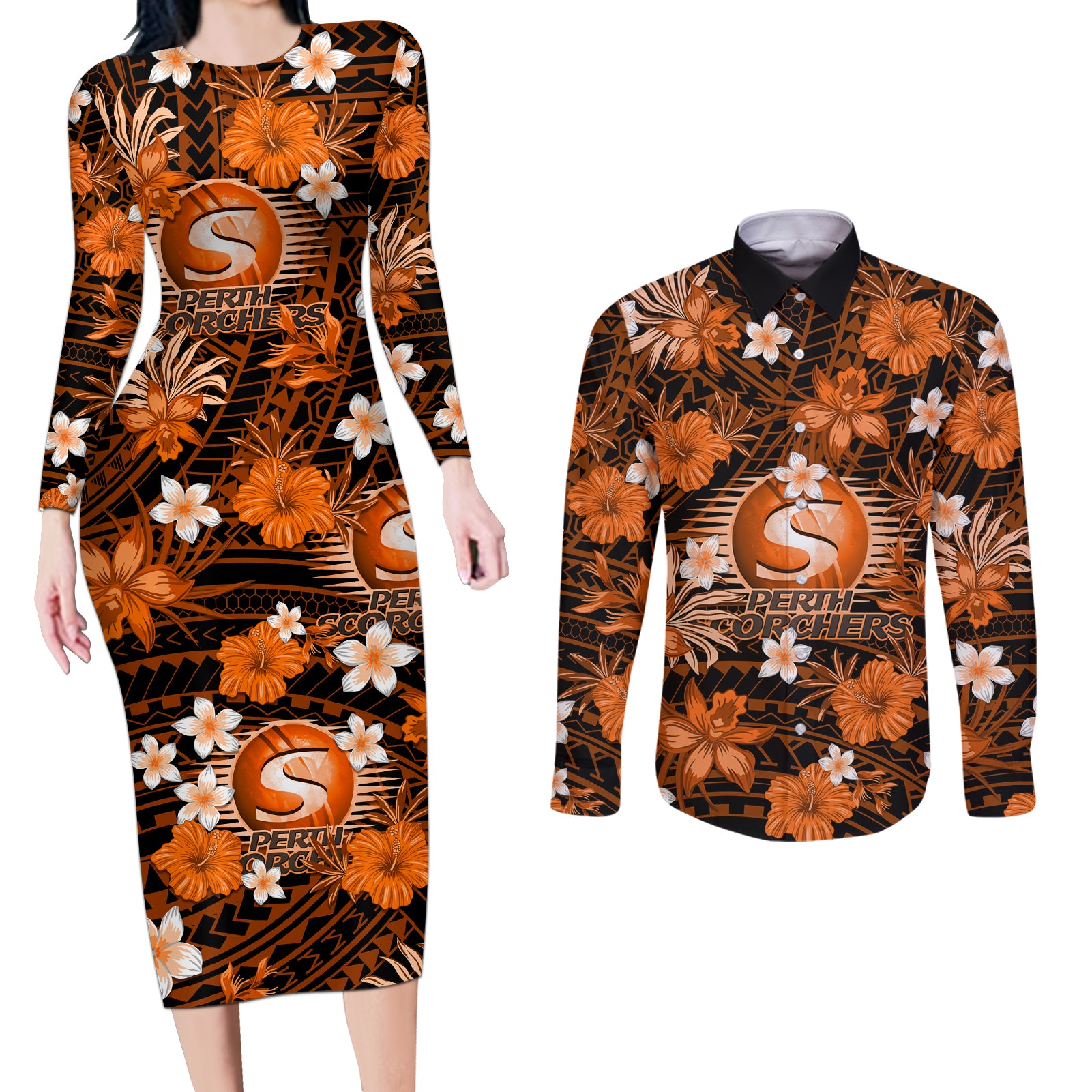australian-scorchers-cricket-couples-matching-long-sleeve-bodycon-dress-and-long-sleeve-button-shirts-baeuty-pacific-hibiscus-and-polynesian-pattern
