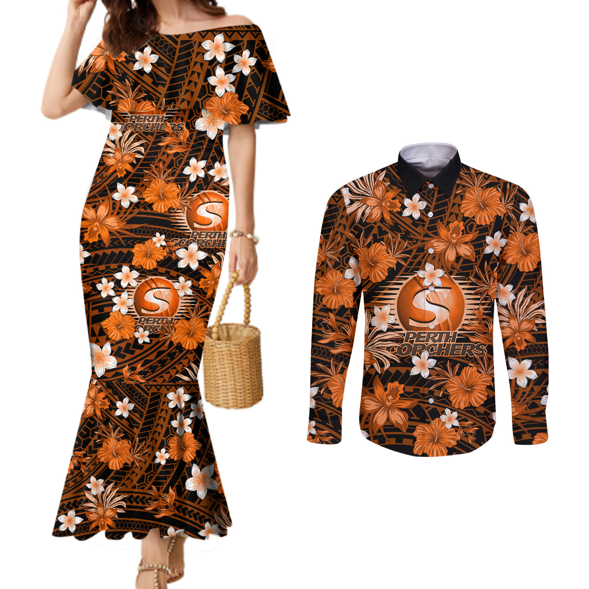 australian-scorchers-cricket-couples-matching-mermaid-dress-and-long-sleeve-button-shirts-baeuty-pacific-hibiscus-and-polynesian-pattern