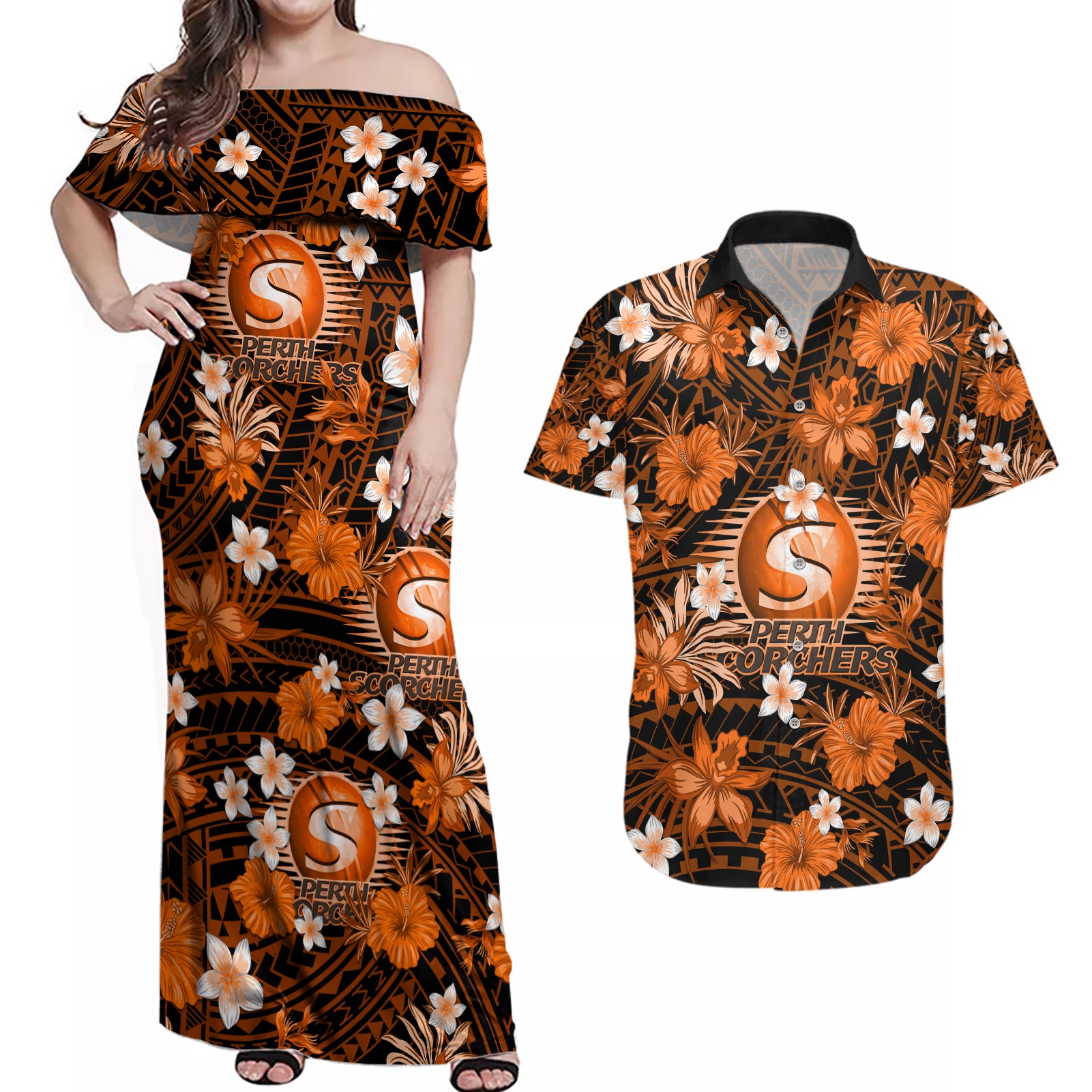 australian-scorchers-cricket-couples-matching-off-shoulder-maxi-dress-and-hawaiian-shirt-baeuty-pacific-hibiscus-and-polynesian-pattern
