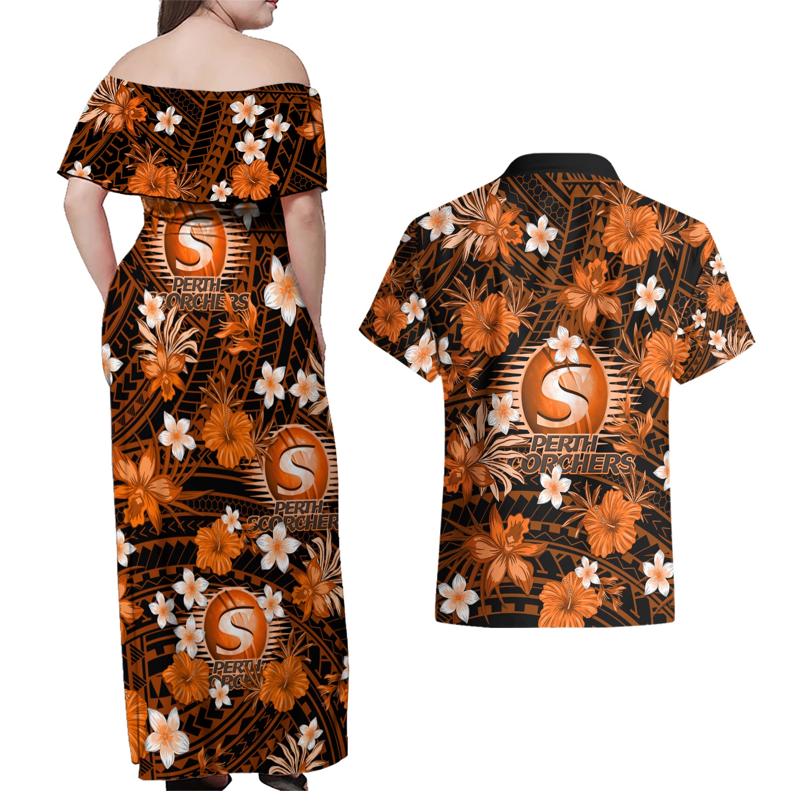 australian-scorchers-cricket-couples-matching-off-shoulder-maxi-dress-and-hawaiian-shirt-baeuty-pacific-hibiscus-and-polynesian-pattern