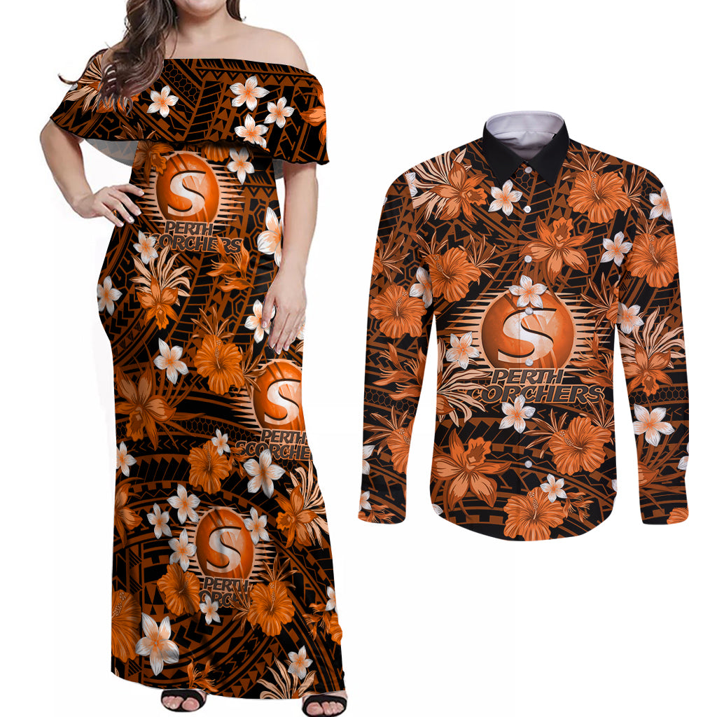 australian-scorchers-cricket-couples-matching-off-shoulder-maxi-dress-and-long-sleeve-button-shirts-baeuty-pacific-hibiscus-and-polynesian-pattern