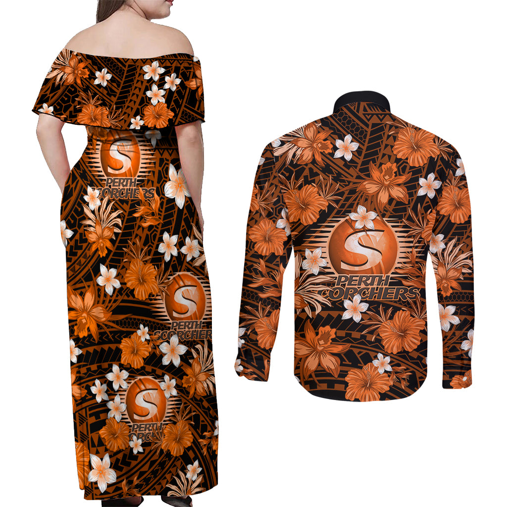 australian-scorchers-cricket-couples-matching-off-shoulder-maxi-dress-and-long-sleeve-button-shirts-baeuty-pacific-hibiscus-and-polynesian-pattern