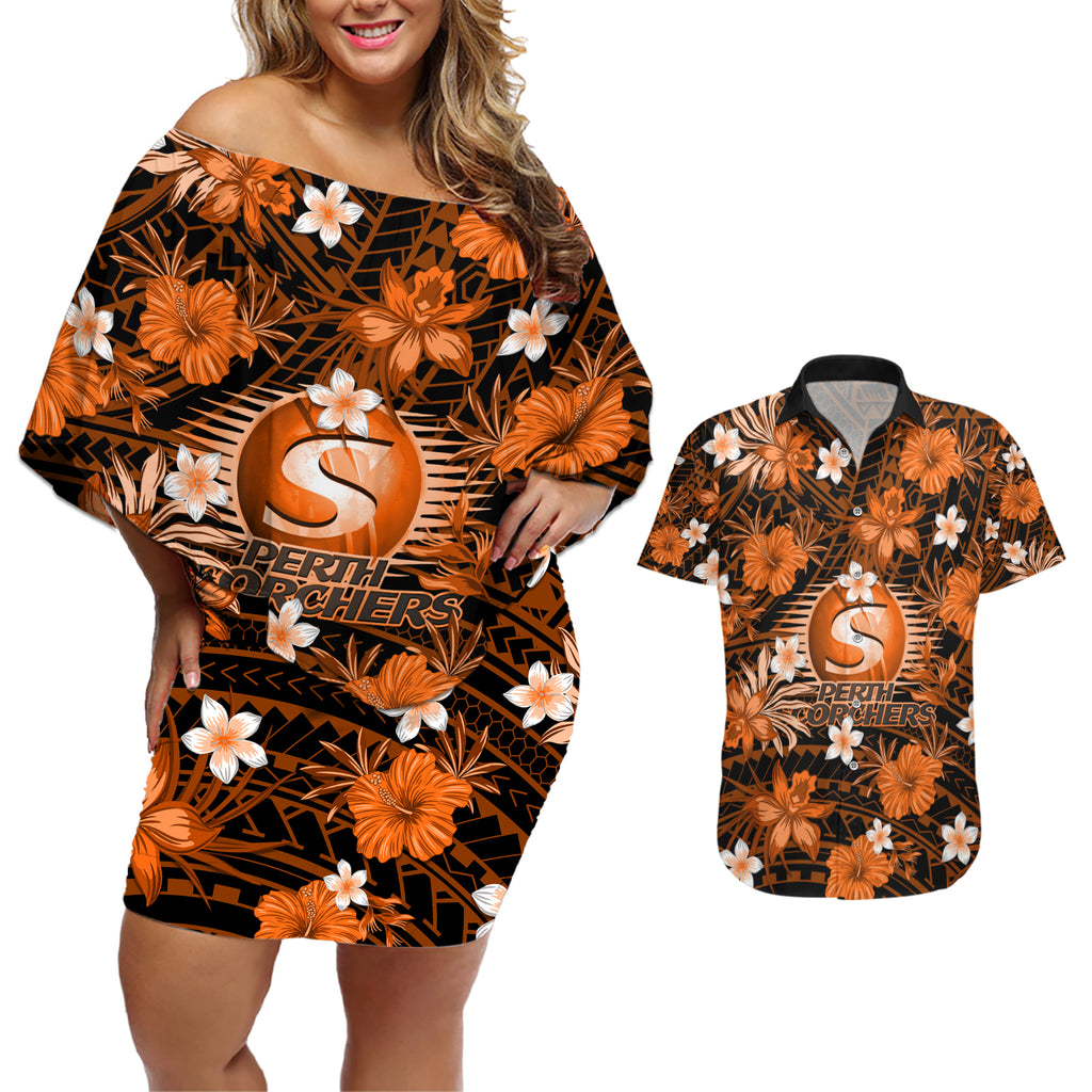 australian-scorchers-cricket-couples-matching-off-shoulder-short-dress-and-hawaiian-shirt-baeuty-pacific-hibiscus-and-polynesian-pattern