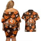 australian-scorchers-cricket-couples-matching-off-shoulder-short-dress-and-hawaiian-shirt-baeuty-pacific-hibiscus-and-polynesian-pattern