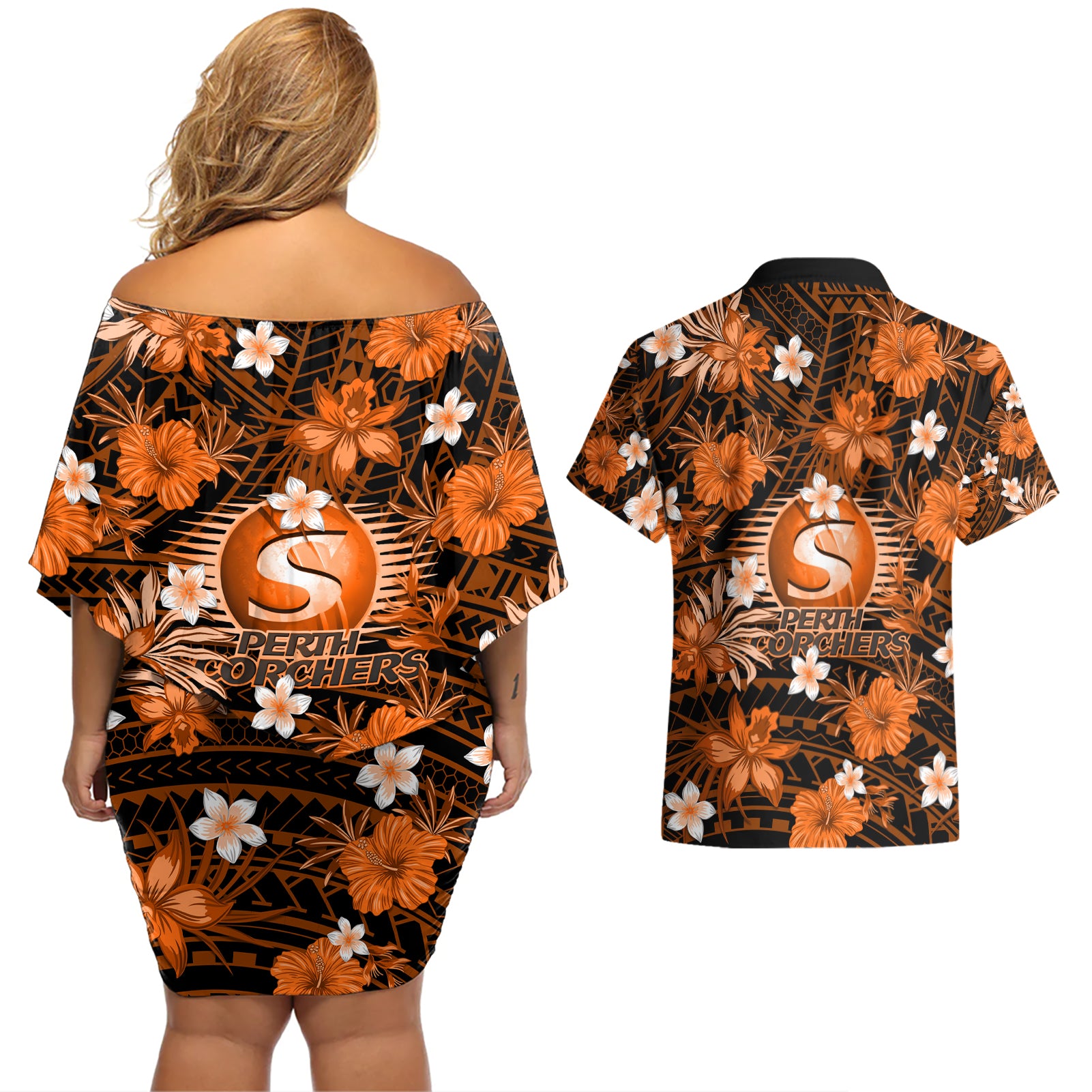 australian-scorchers-cricket-couples-matching-off-shoulder-short-dress-and-hawaiian-shirt-baeuty-pacific-hibiscus-and-polynesian-pattern