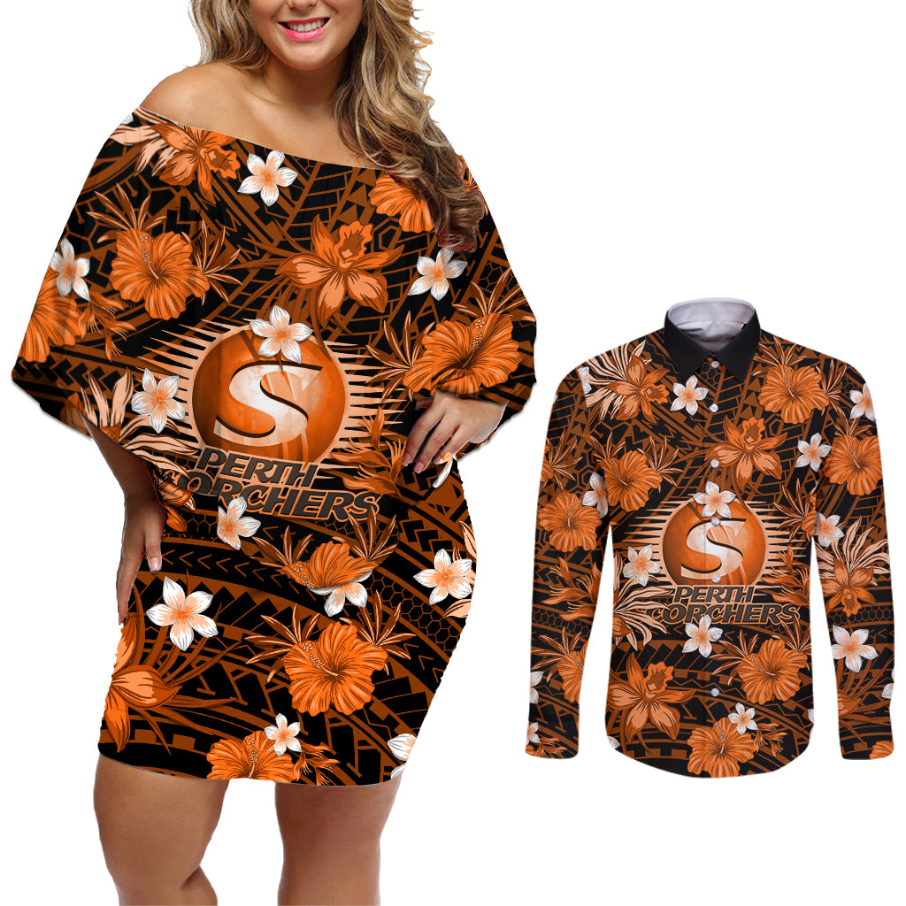 australian-scorchers-cricket-couples-matching-off-shoulder-short-dress-and-long-sleeve-button-shirts-baeuty-pacific-hibiscus-and-polynesian-pattern
