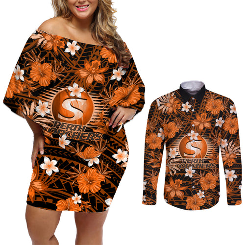 australian-scorchers-cricket-couples-matching-off-shoulder-short-dress-and-long-sleeve-button-shirts-baeuty-pacific-hibiscus-and-polynesian-pattern