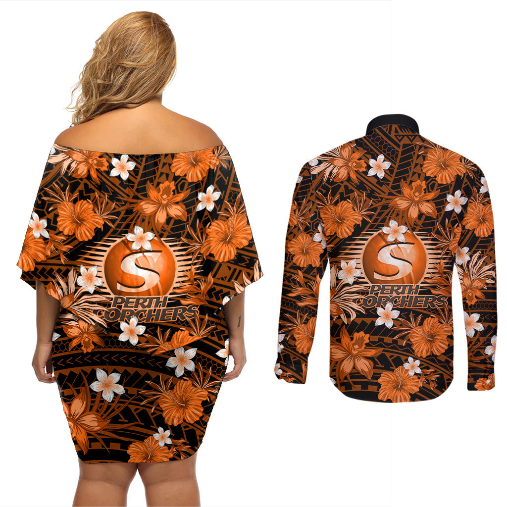 australian-scorchers-cricket-couples-matching-off-shoulder-short-dress-and-long-sleeve-button-shirts-baeuty-pacific-hibiscus-and-polynesian-pattern