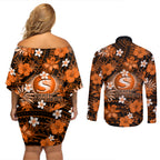 australian-scorchers-cricket-couples-matching-off-shoulder-short-dress-and-long-sleeve-button-shirts-baeuty-pacific-hibiscus-and-polynesian-pattern