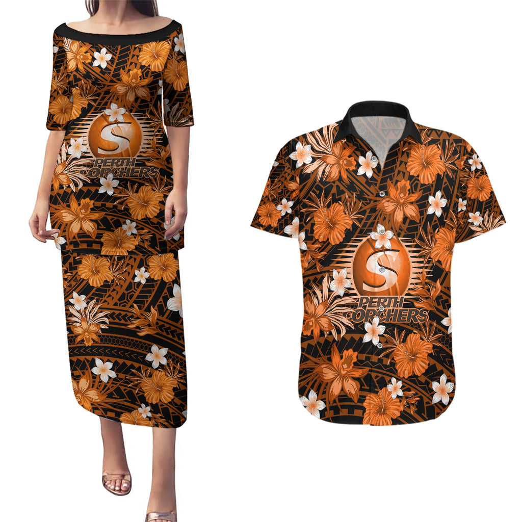 australian-scorchers-cricket-couples-matching-puletasi-dress-and-hawaiian-shirt-baeuty-pacific-hibiscus-and-polynesian-pattern
