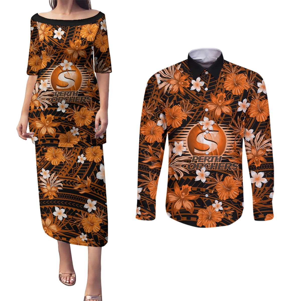 australian-scorchers-cricket-couples-matching-puletasi-dress-and-long-sleeve-button-shirts-baeuty-pacific-hibiscus-and-polynesian-pattern