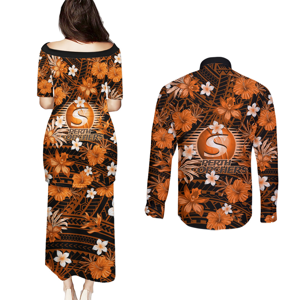 australian-scorchers-cricket-couples-matching-puletasi-dress-and-long-sleeve-button-shirts-baeuty-pacific-hibiscus-and-polynesian-pattern