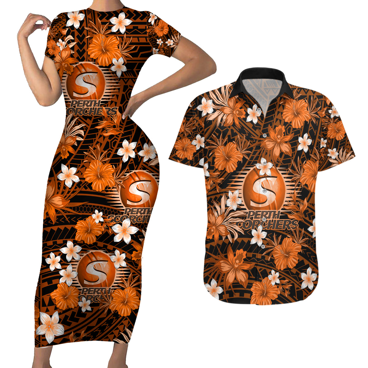 australian-scorchers-cricket-couples-matching-short-sleeve-bodycon-dress-and-hawaiian-shirt-baeuty-pacific-hibiscus-and-polynesian-pattern