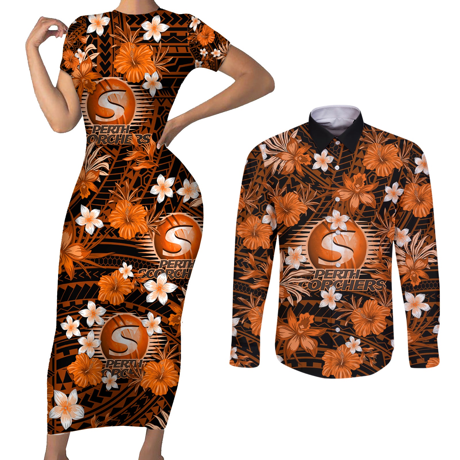 australian-scorchers-cricket-couples-matching-short-sleeve-bodycon-dress-and-long-sleeve-button-shirts-baeuty-pacific-hibiscus-and-polynesian-pattern