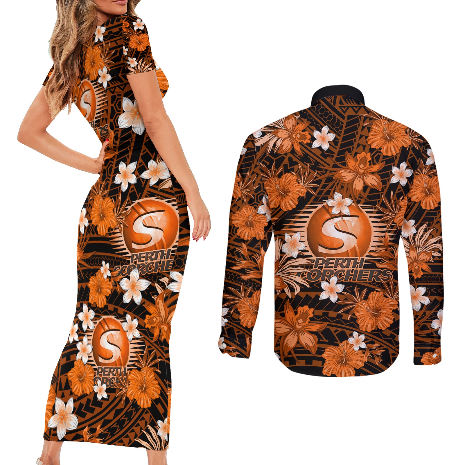 australian-scorchers-cricket-couples-matching-short-sleeve-bodycon-dress-and-long-sleeve-button-shirts-baeuty-pacific-hibiscus-and-polynesian-pattern