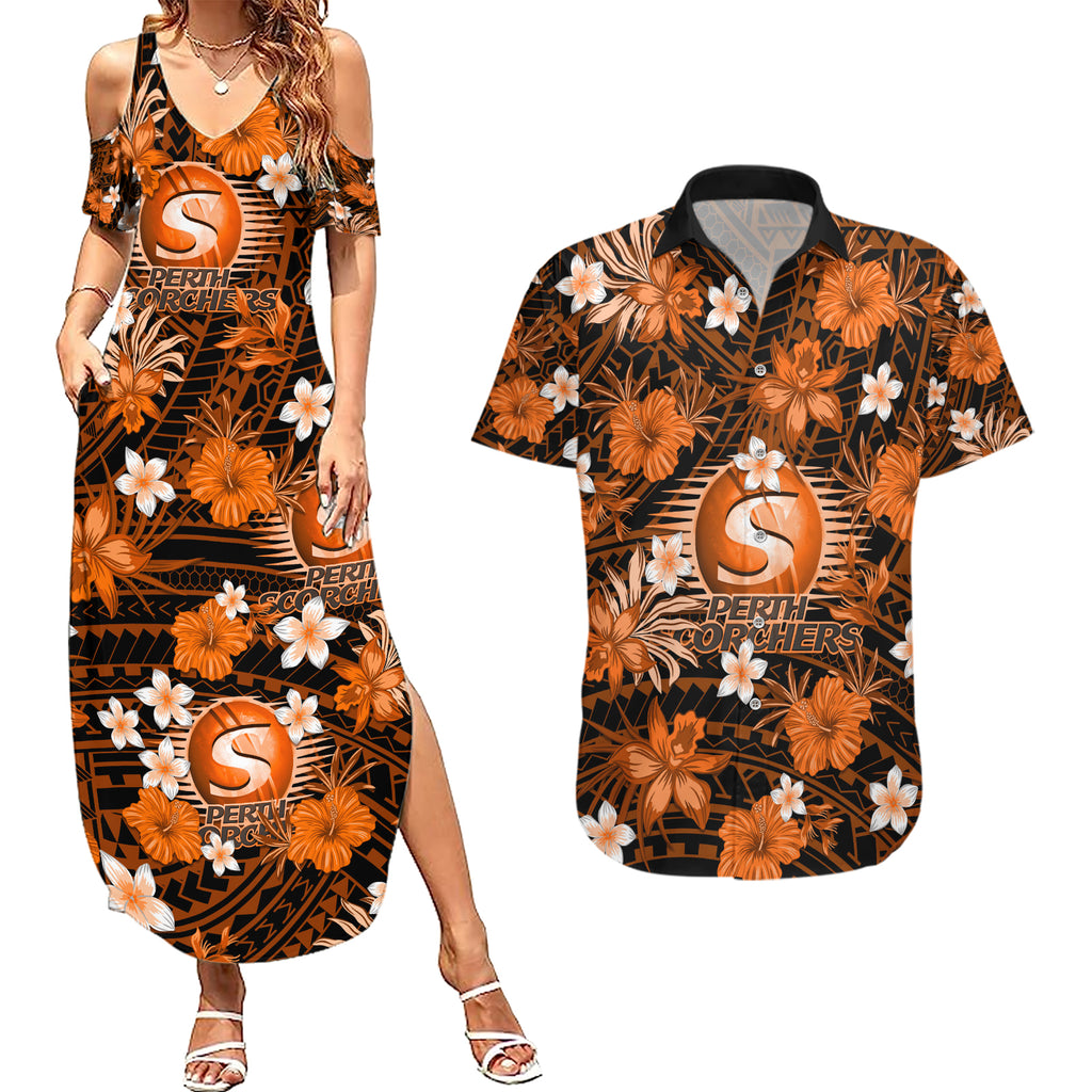 australian-scorchers-cricket-couples-matching-summer-maxi-dress-and-hawaiian-shirt-baeuty-pacific-hibiscus-and-polynesian-pattern