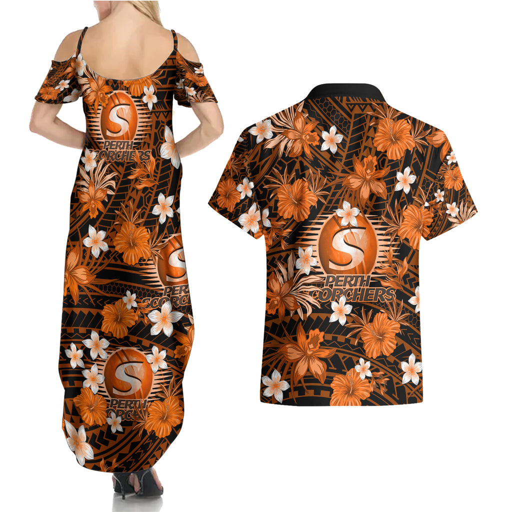 australian-scorchers-cricket-couples-matching-summer-maxi-dress-and-hawaiian-shirt-baeuty-pacific-hibiscus-and-polynesian-pattern
