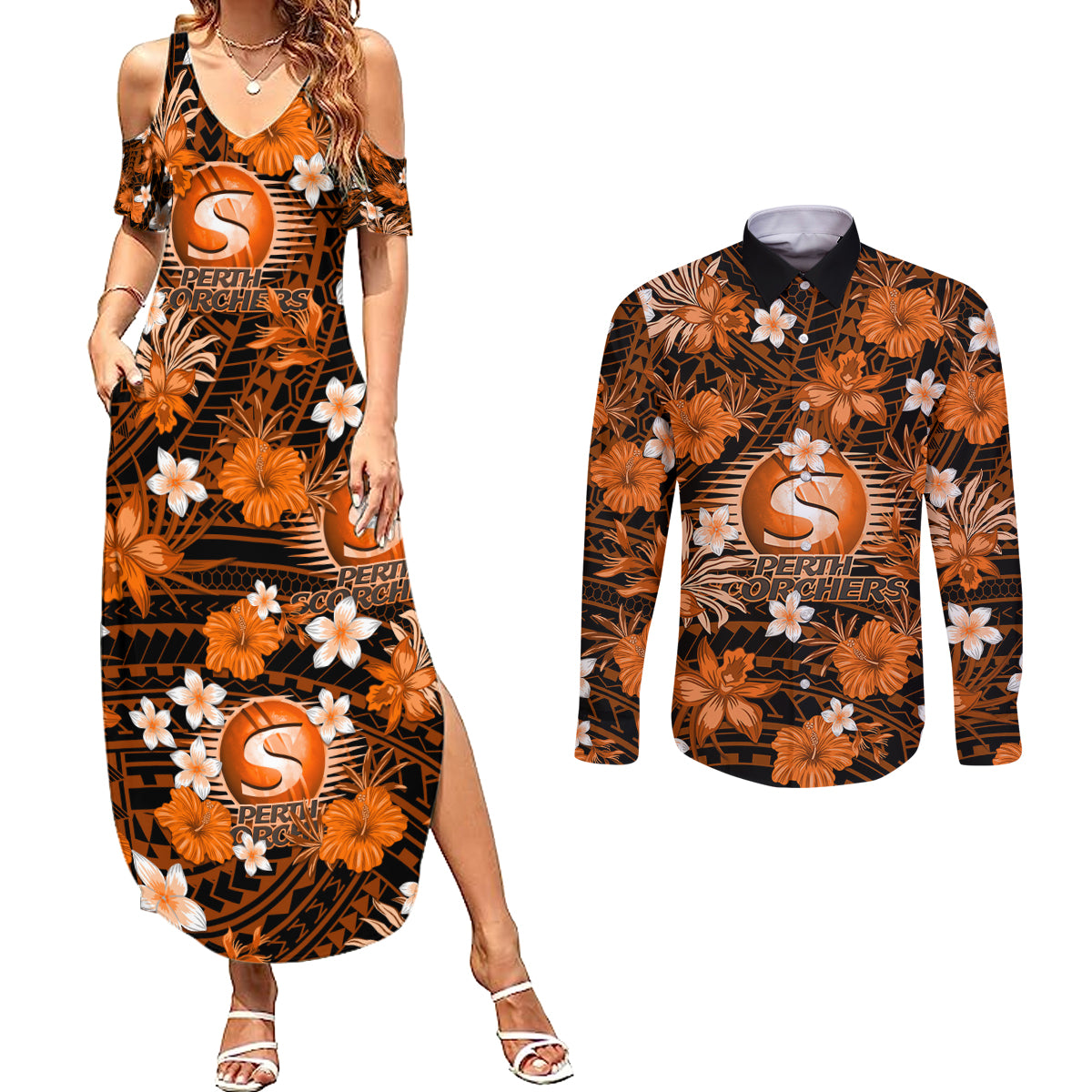 australian-scorchers-cricket-couples-matching-summer-maxi-dress-and-long-sleeve-button-shirts-baeuty-pacific-hibiscus-and-polynesian-pattern