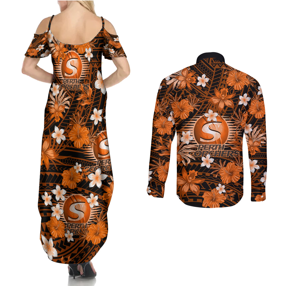 australian-scorchers-cricket-couples-matching-summer-maxi-dress-and-long-sleeve-button-shirts-baeuty-pacific-hibiscus-and-polynesian-pattern