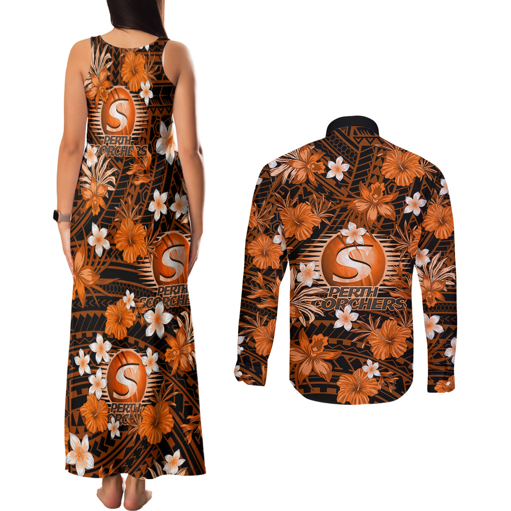 australian-scorchers-cricket-couples-matching-tank-maxi-dress-and-long-sleeve-button-shirts-baeuty-pacific-hibiscus-and-polynesian-pattern