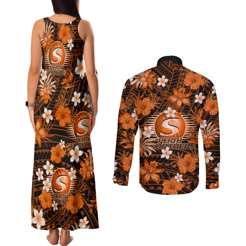 australian-scorchers-cricket-couples-matching-tank-maxi-dress-and-long-sleeve-button-shirts-baeuty-pacific-hibiscus-and-polynesian-pattern
