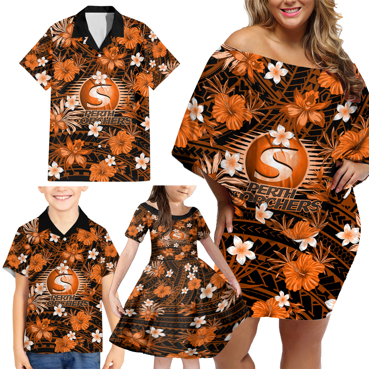 australian-scorchers-cricket-family-matching-off-shoulder-short-dress-and-hawaiian-shirt-baeuty-pacific-hibiscus-and-polynesian-pattern