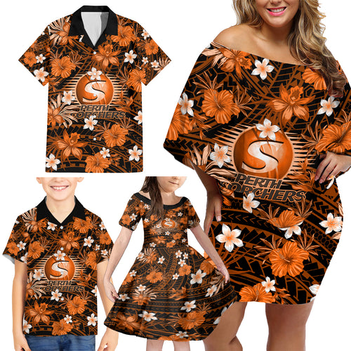 australian-scorchers-cricket-family-matching-off-shoulder-short-dress-and-hawaiian-shirt-baeuty-pacific-hibiscus-and-polynesian-pattern