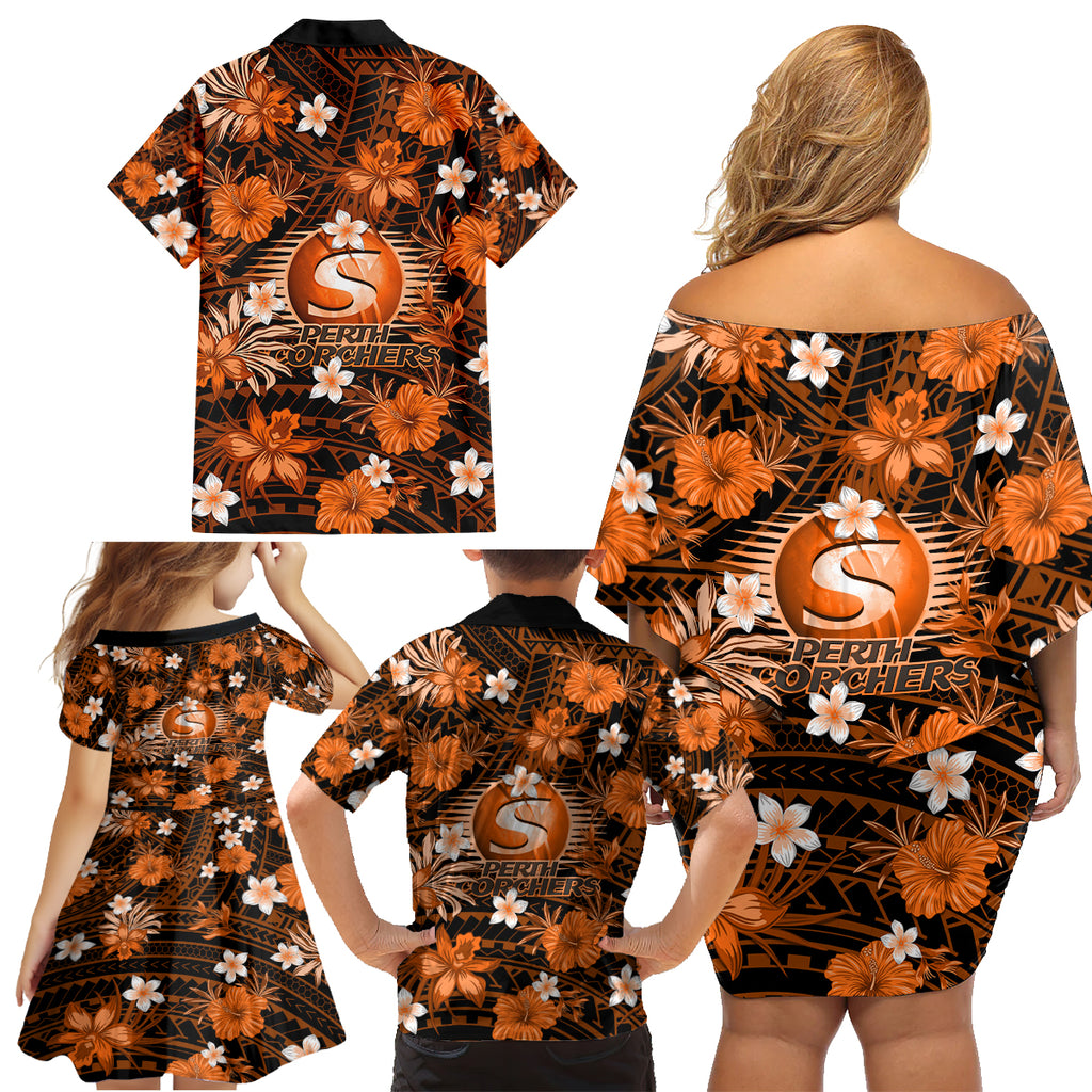 australian-scorchers-cricket-family-matching-off-shoulder-short-dress-and-hawaiian-shirt-baeuty-pacific-hibiscus-and-polynesian-pattern