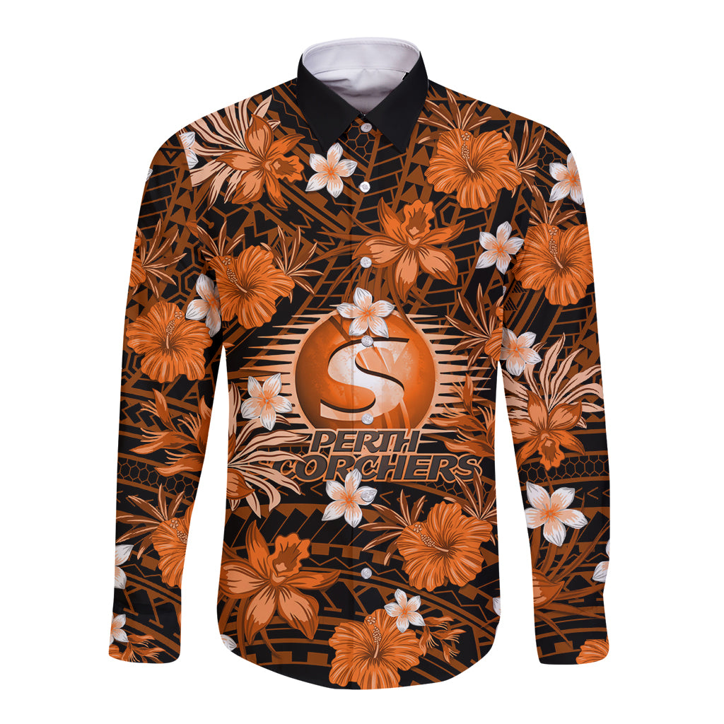 australian-scorchers-cricket-long-sleeve-button-shirt-baeuty-pacific-hibiscus-and-polynesian-pattern