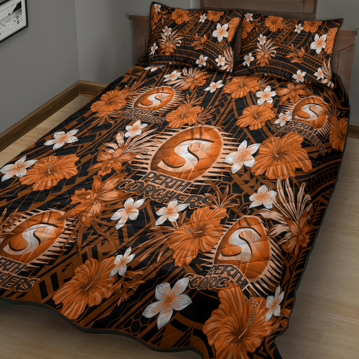 australian-scorchers-cricket-quilt-bed-set-baeuty-pacific-hibiscus-and-polynesian-pattern