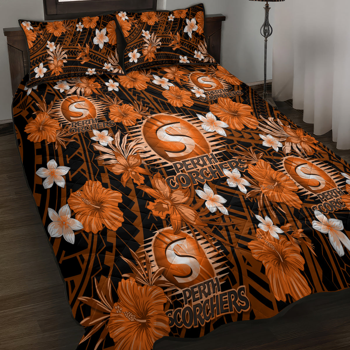 australian-scorchers-cricket-quilt-bed-set-baeuty-pacific-hibiscus-and-polynesian-pattern