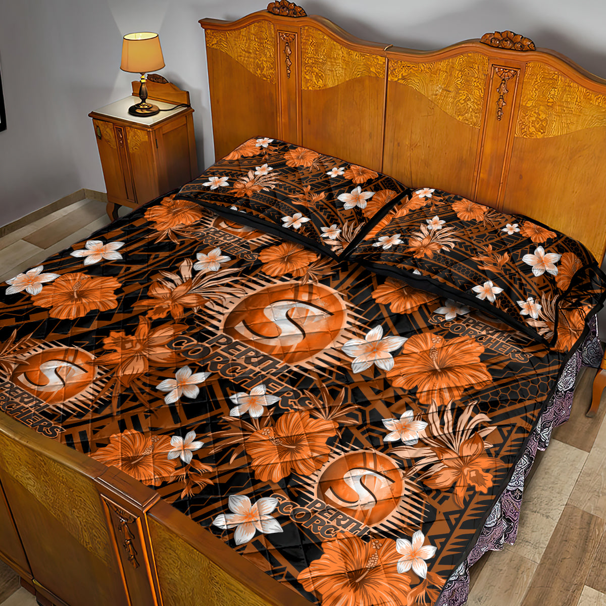 australian-scorchers-cricket-quilt-bed-set-baeuty-pacific-hibiscus-and-polynesian-pattern