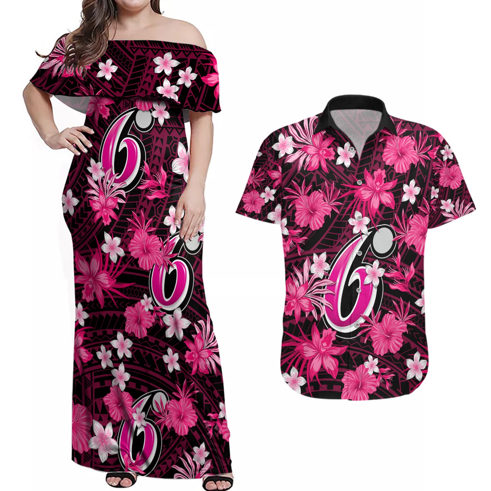 australian-sixers-cricket-couples-matching-off-shoulder-maxi-dress-and-hawaiian-shirt-baeuty-pacific-hibiscus-and-polynesian-pattern