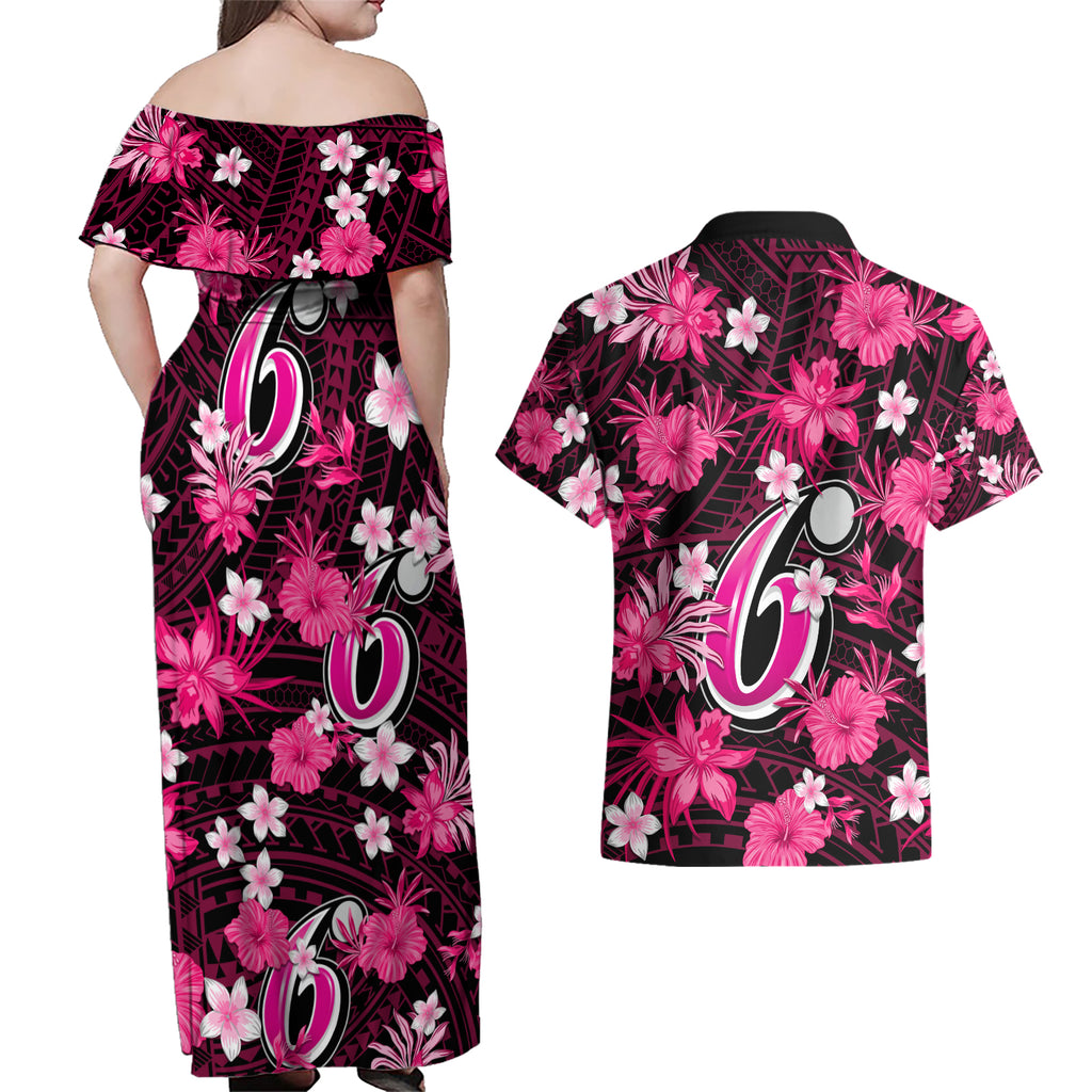 australian-sixers-cricket-couples-matching-off-shoulder-maxi-dress-and-hawaiian-shirt-baeuty-pacific-hibiscus-and-polynesian-pattern
