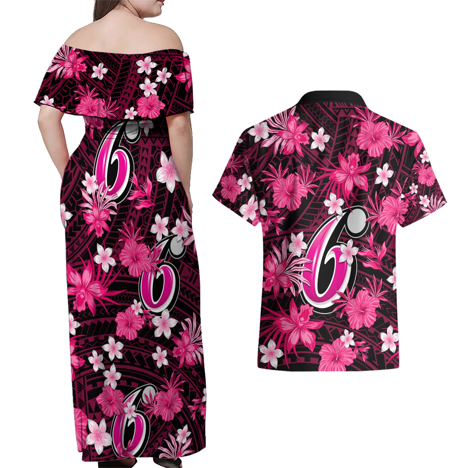 australian-sixers-cricket-couples-matching-off-shoulder-maxi-dress-and-hawaiian-shirt-baeuty-pacific-hibiscus-and-polynesian-pattern