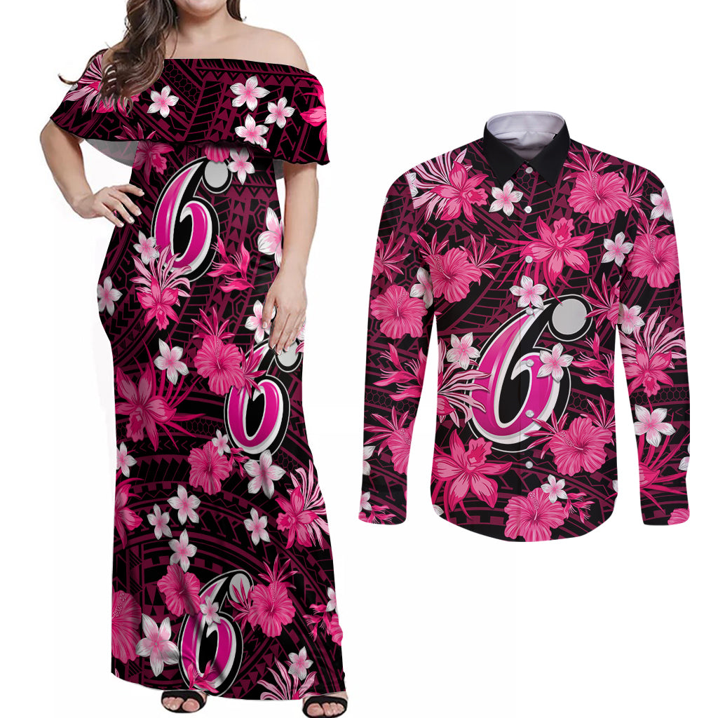australian-sixers-cricket-couples-matching-off-shoulder-maxi-dress-and-long-sleeve-button-shirts-baeuty-pacific-hibiscus-and-polynesian-pattern