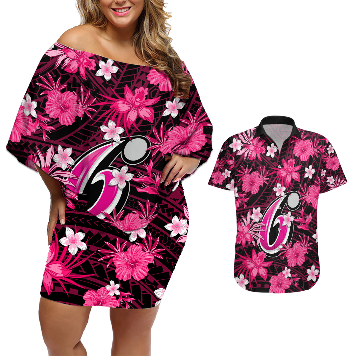 australian-sixers-cricket-couples-matching-off-shoulder-short-dress-and-hawaiian-shirt-baeuty-pacific-hibiscus-and-polynesian-pattern