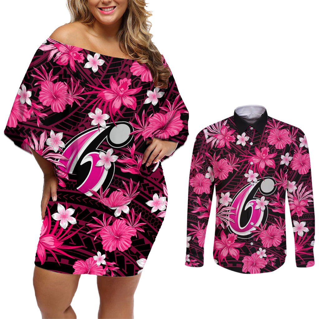 australian-sixers-cricket-couples-matching-off-shoulder-short-dress-and-long-sleeve-button-shirts-baeuty-pacific-hibiscus-and-polynesian-pattern