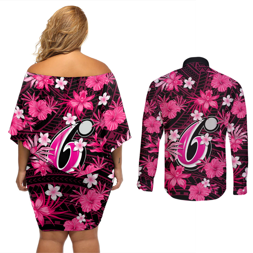 australian-sixers-cricket-couples-matching-off-shoulder-short-dress-and-long-sleeve-button-shirts-baeuty-pacific-hibiscus-and-polynesian-pattern