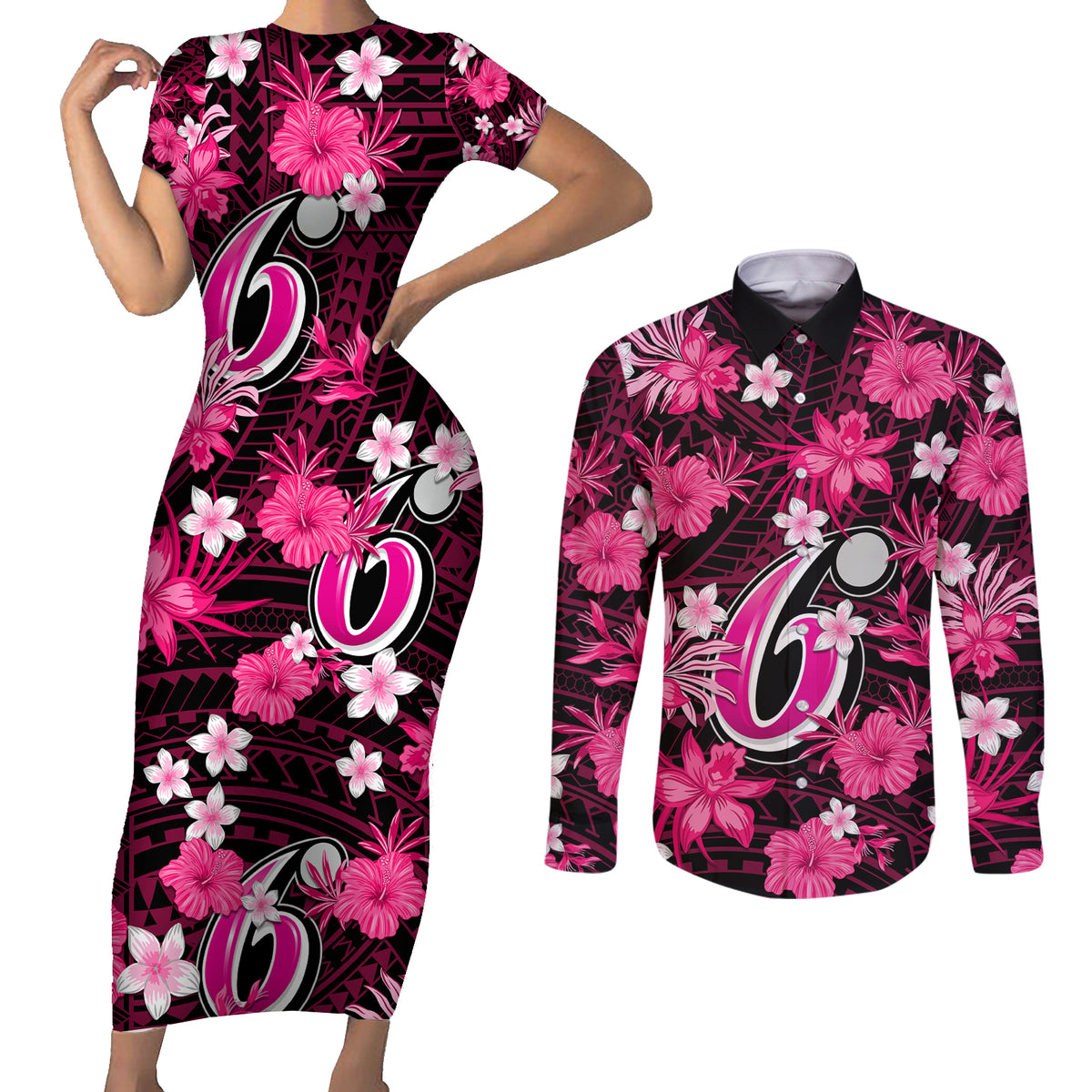 australian-sixers-cricket-couples-matching-short-sleeve-bodycon-dress-and-long-sleeve-button-shirts-baeuty-pacific-hibiscus-and-polynesian-pattern