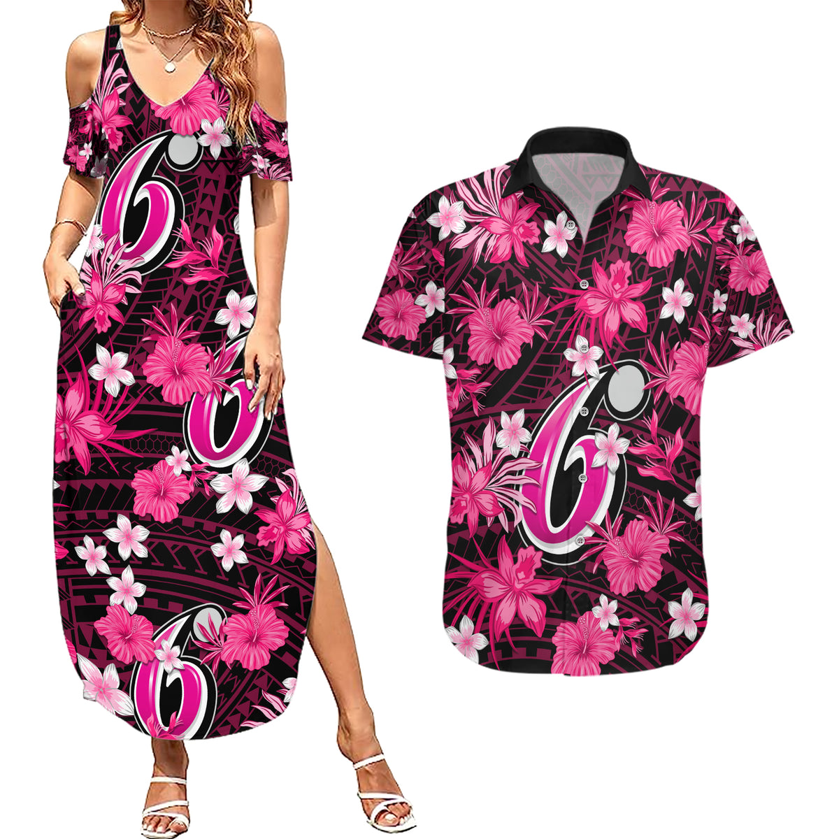 australian-sixers-cricket-couples-matching-summer-maxi-dress-and-hawaiian-shirt-baeuty-pacific-hibiscus-and-polynesian-pattern