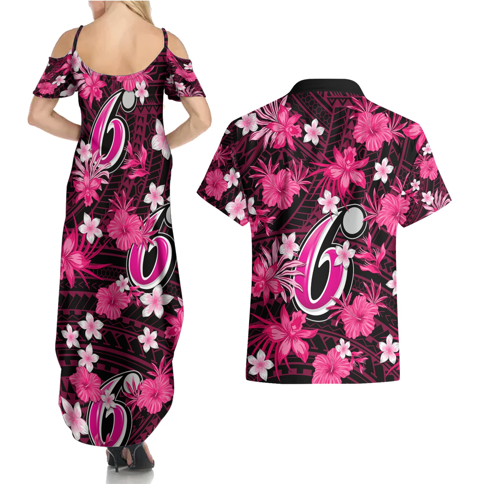 australian-sixers-cricket-couples-matching-summer-maxi-dress-and-hawaiian-shirt-baeuty-pacific-hibiscus-and-polynesian-pattern