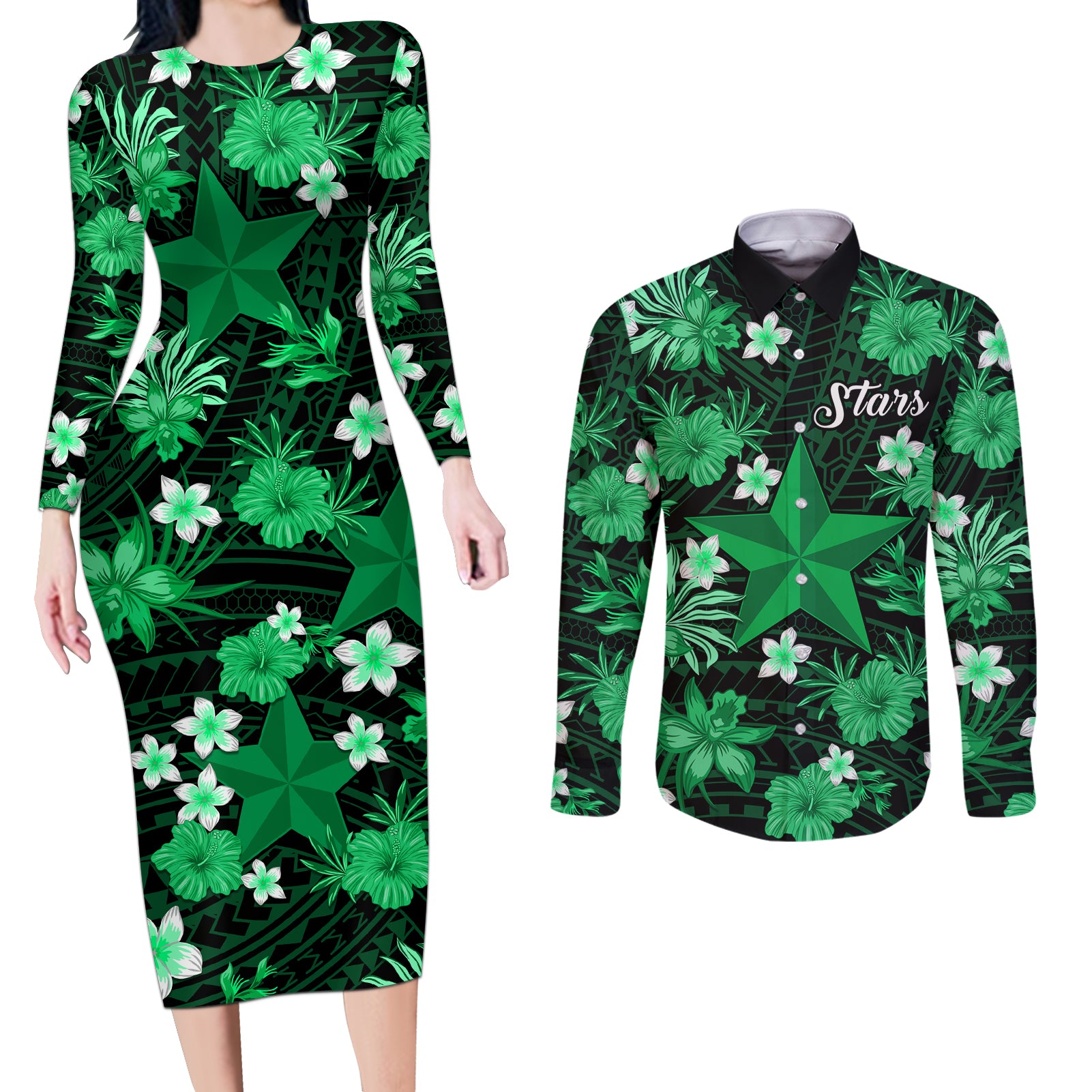 australian-stars-cricket-couples-matching-long-sleeve-bodycon-dress-and-long-sleeve-button-shirts-baeuty-pacific-hibiscus-and-polynesian-pattern