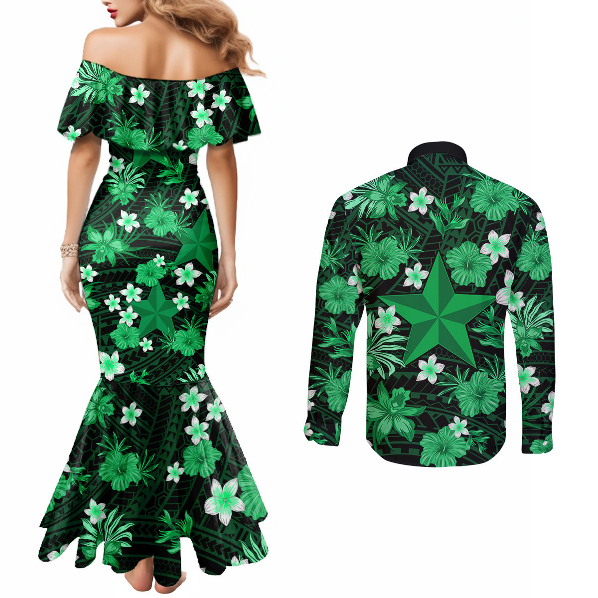 australian-stars-cricket-couples-matching-mermaid-dress-and-long-sleeve-button-shirts-baeuty-pacific-hibiscus-and-polynesian-pattern