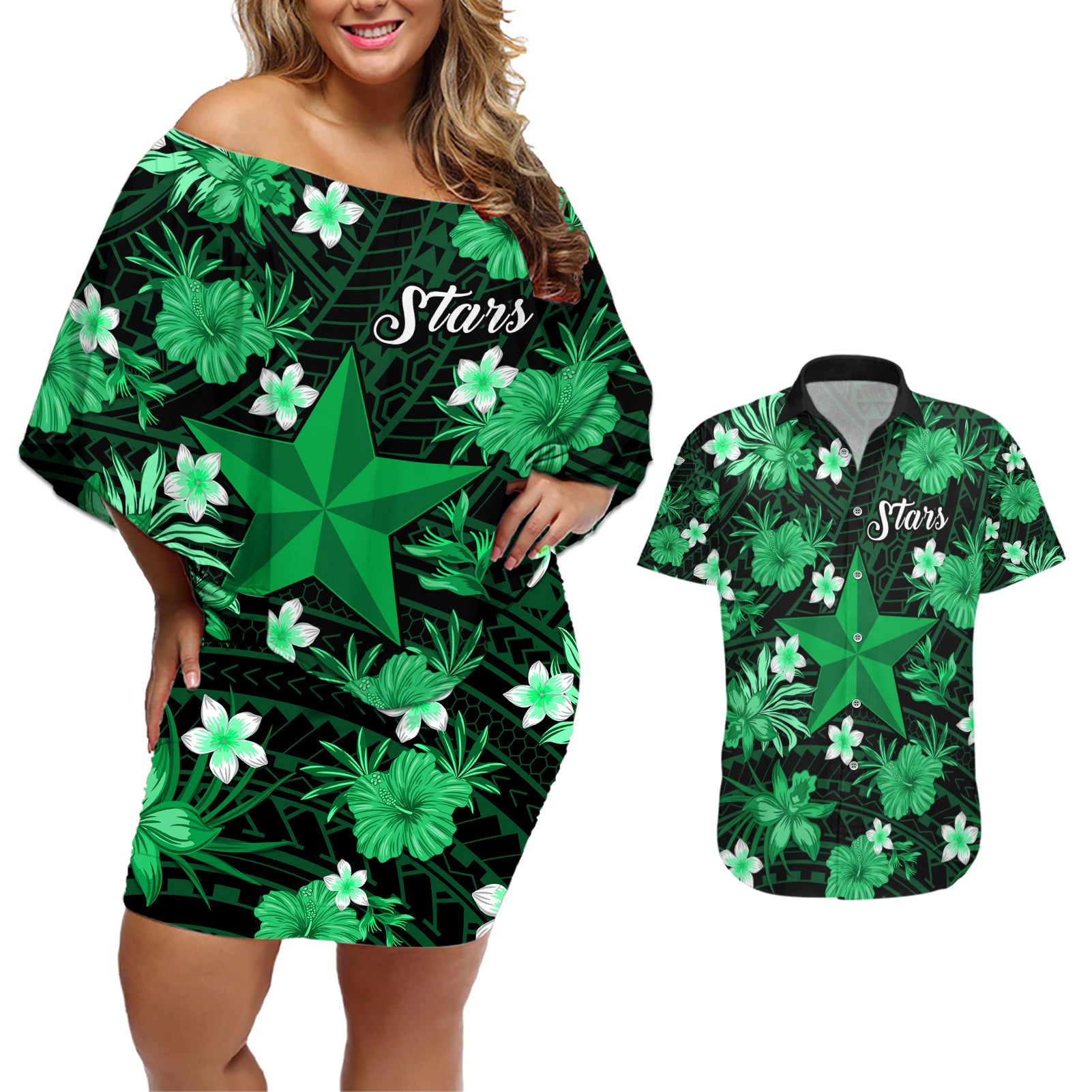 australian-stars-cricket-couples-matching-off-shoulder-short-dress-and-hawaiian-shirt-baeuty-pacific-hibiscus-and-polynesian-pattern